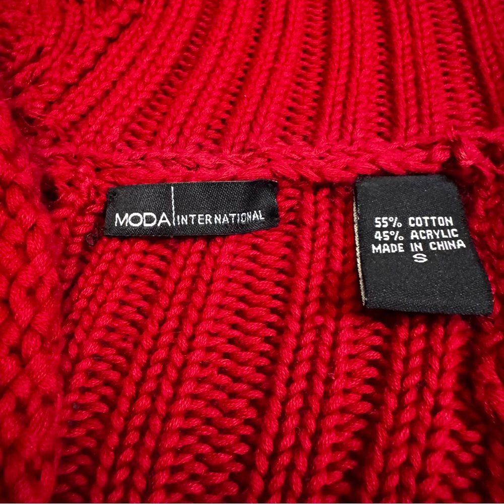 Moda International Red Cable Knit Hooded Sweater Small V Neck Pullover Vintage - Picture 5 of 8